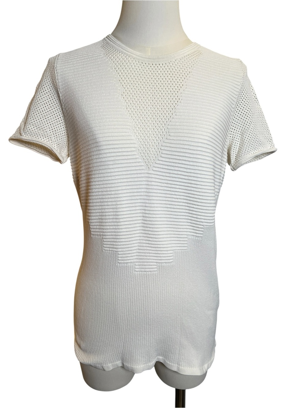 3.1 PHILLIP LIM White Front Mesh Insert Ribbed Knit Short Sleeve Top M